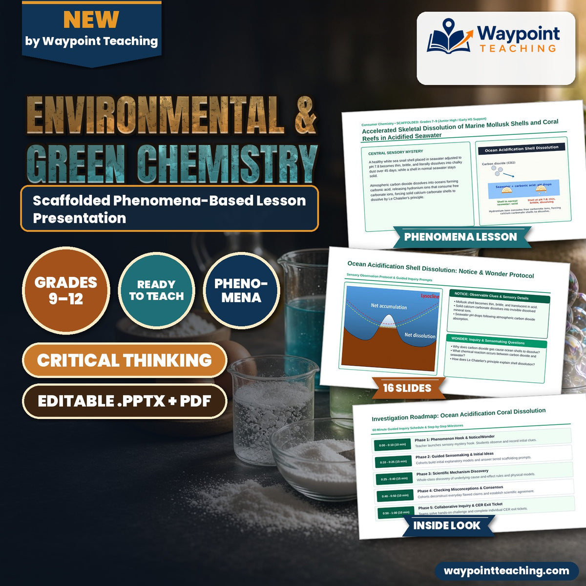 Environmental & Green Chemistry Scaffolded Phenomena-Based Lesson: Accelerated Skeletal Dissolution of Marine Mollusk Shells and Coral Reefs in Acidified Seawater Presentation cover