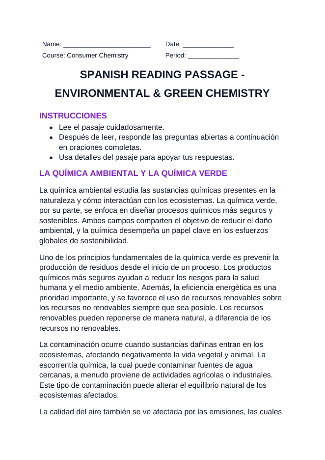 Environmental & Green Chemistry Spanish Reading Passage & Comprehension Questions sample page