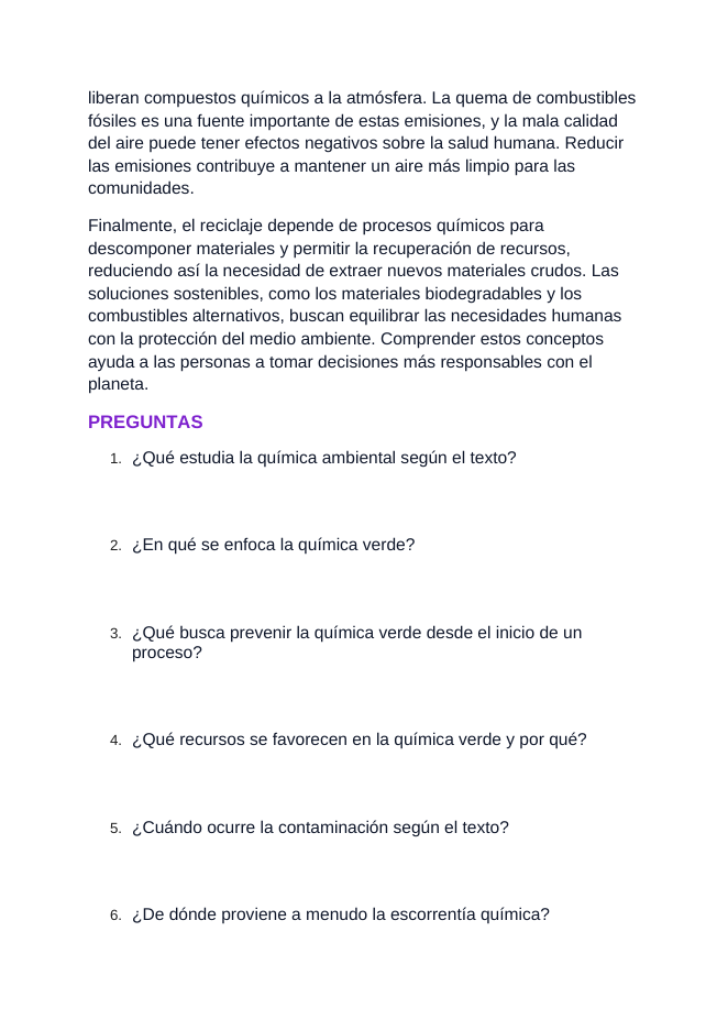 Environmental & Green Chemistry Spanish Reading Passage & Comprehension Questions sample page