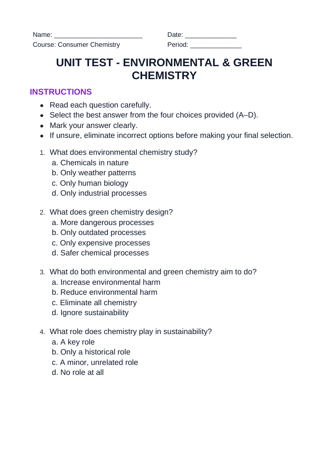 Environmental & Green Chemistry Unit Test sample page