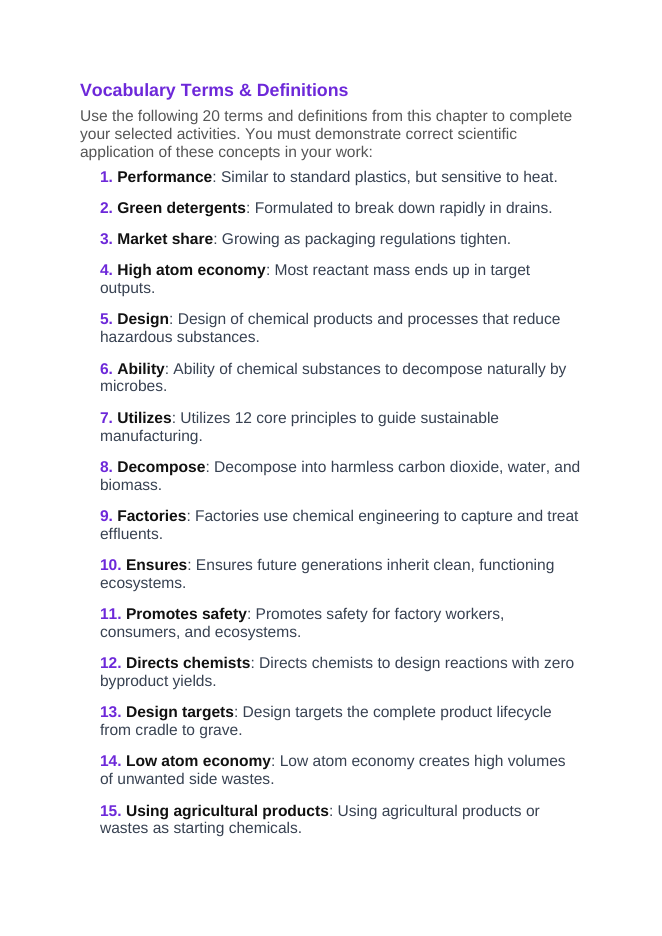 Environmental & Green Chemistry Vocabulary Choice Board sample page