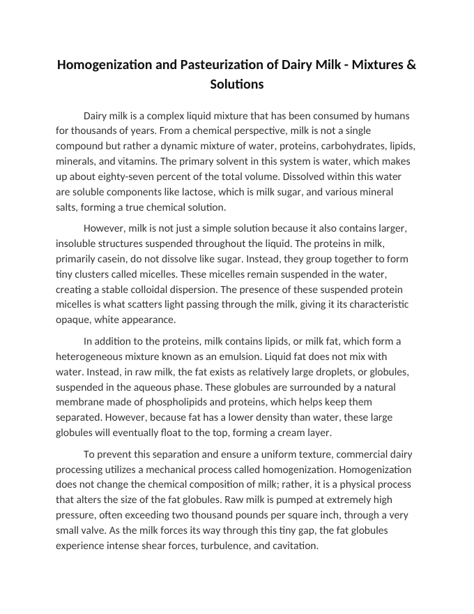 Homogenization and Pasteurization of Dairy Milk Reading Worksheet sample page