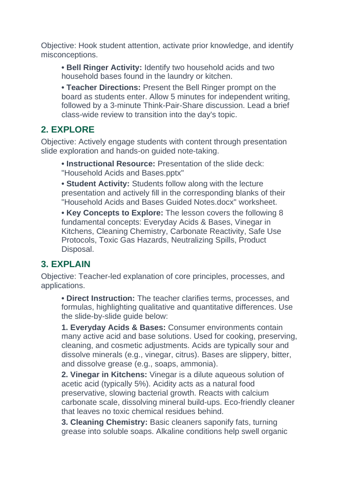 Household Acids & Bases 5E Lesson Plan sample page