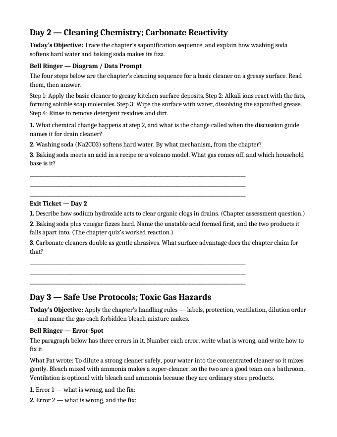Household Acids & Bases Bell Ringers & Exit Tickets sample page