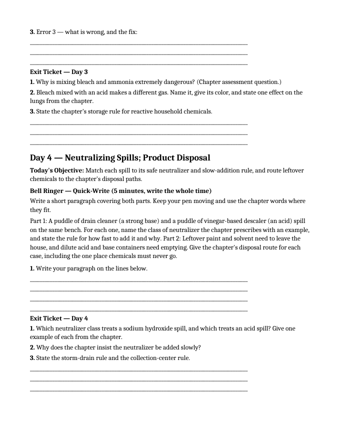 Household Acids & Bases Bell Ringers & Exit Tickets sample page