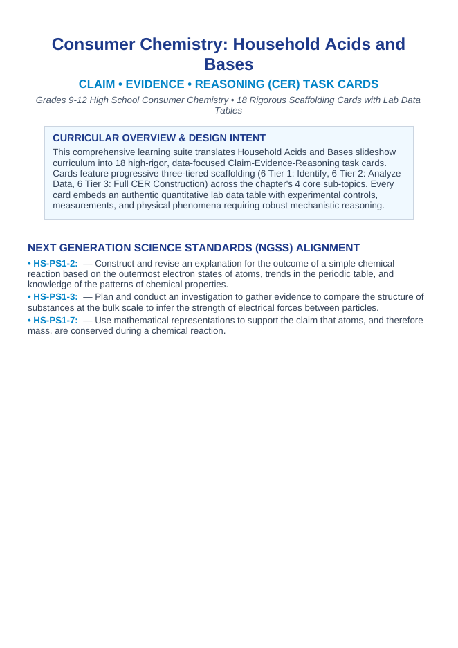 Household Acids & Bases CER Task Cards sample page