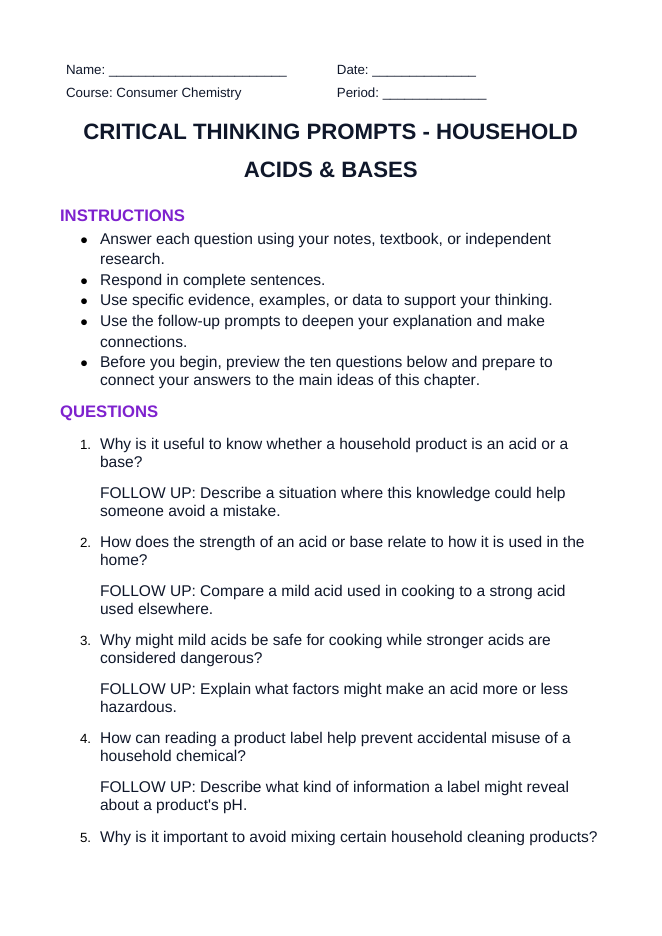 Household Acids & Bases Critical Thinking Prompts sample page