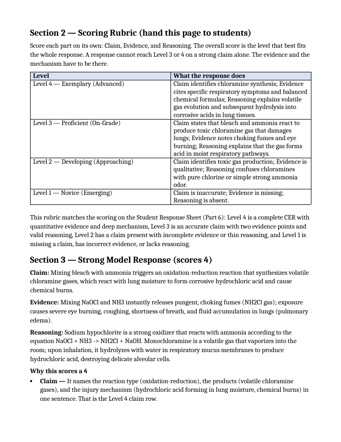 Household Acids & Bases Model Response & Scoring Guide sample page