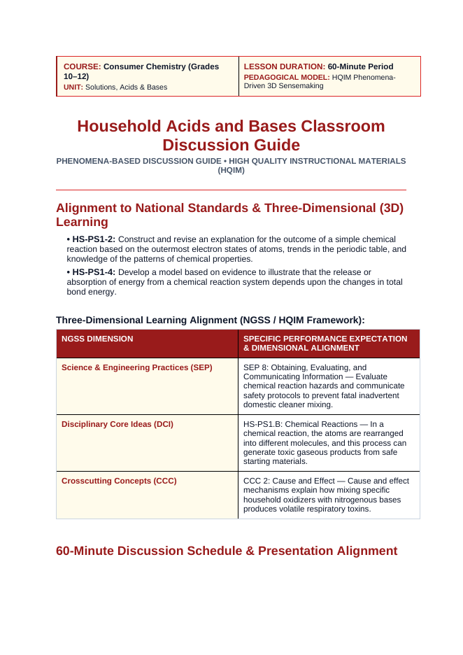 Household Acids & Bases Phenomena-Based Lesson: Lethal Toxic Vapor Evolution and Respiratory Distress from Inadvertently Mixing Household Bleach with Ammonia Teacher Discussion Guide sample page
