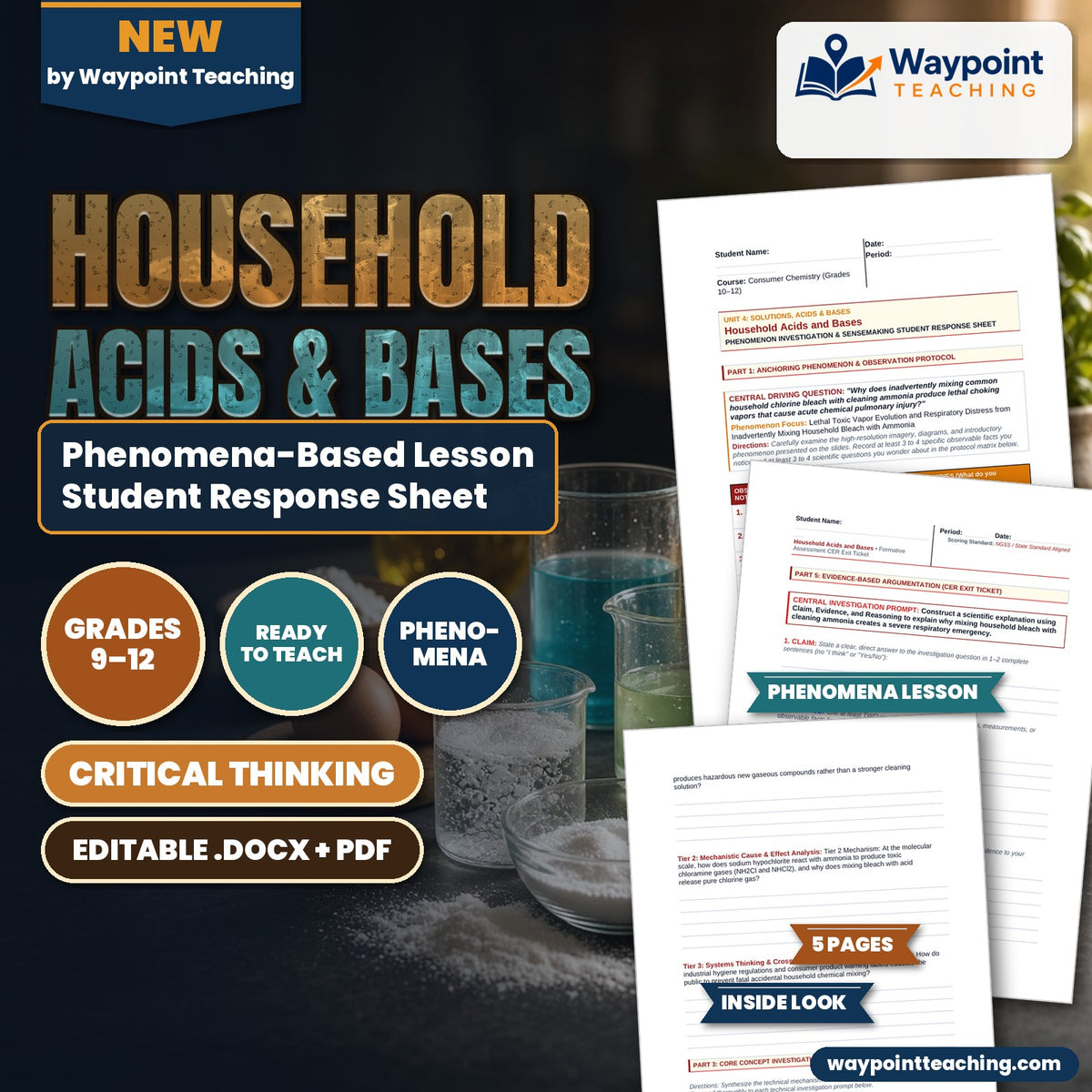 Household Acids & Bases Phenomena-Based Lesson: Lethal Toxic Vapor Evolution and Respiratory Distress from Inadvertently Mixing Household Bleach with Ammonia Student Response Sheet cover