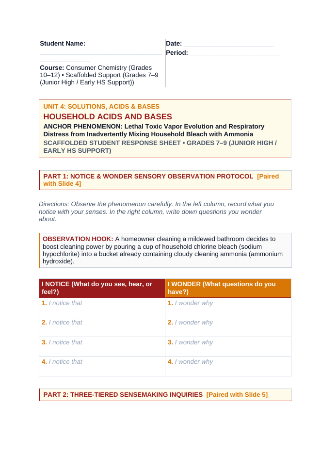 Household Acids & Bases Scaffolded Phenomena-Based Lesson: Lethal Toxic Vapor Evolution and Respiratory Distress from Inadvertently Mixing Household Bleach with Ammonia Student Response Sheet sample page