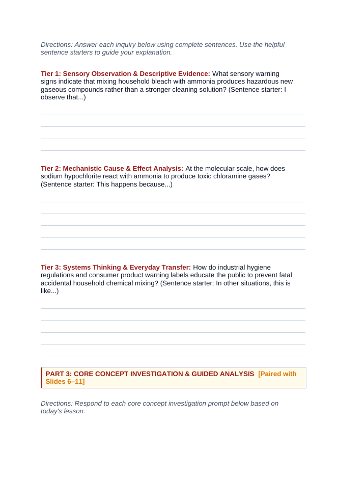 Household Acids & Bases Scaffolded Phenomena-Based Lesson: Lethal Toxic Vapor Evolution and Respiratory Distress from Inadvertently Mixing Household Bleach with Ammonia Student Response Sheet sample page