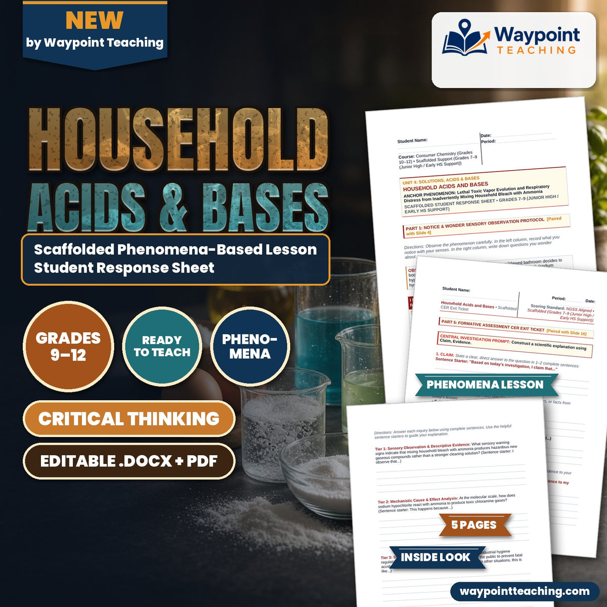 Household Acids & Bases Scaffolded Phenomena-Based Lesson: Lethal Toxic Vapor Evolution and Respiratory Distress from Inadvertently Mixing Household Bleach with Ammonia Student Response Sheet cover