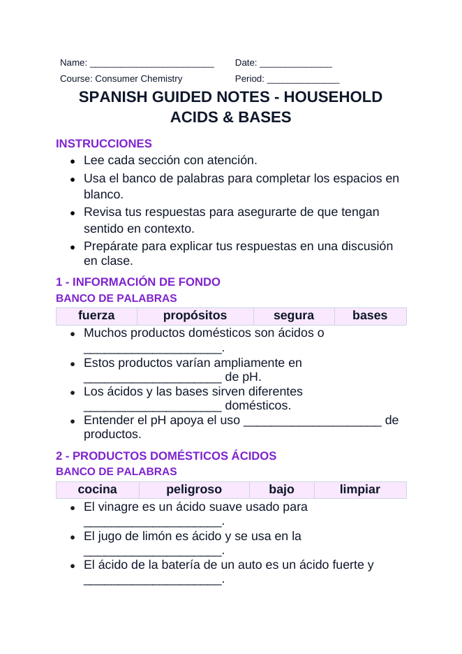 Household Acids & Bases Spanish Guided Notes sample page