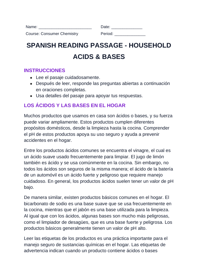 Household Acids & Bases Spanish Reading Passage & Comprehension Questions sample page