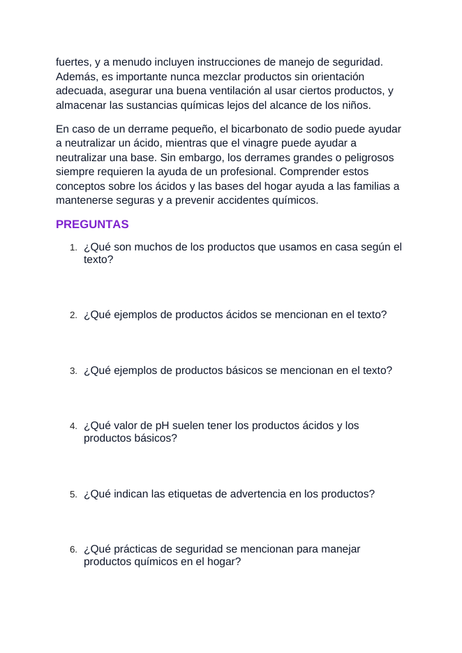 Household Acids & Bases Spanish Reading Passage & Comprehension Questions sample page