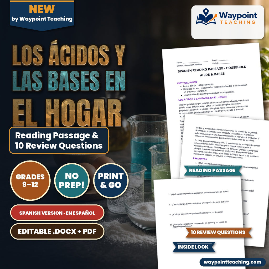 Household Acids & Bases Spanish Reading Passage & Comprehension Questions cover