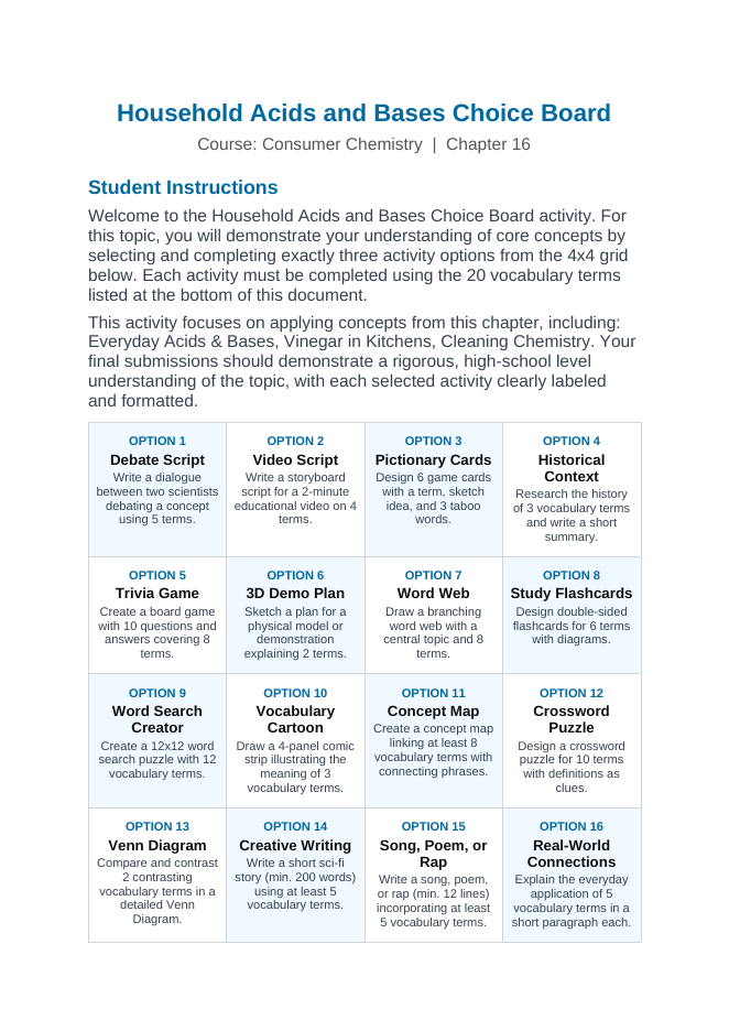 Household Acids & Bases Vocabulary Choice Board sample page