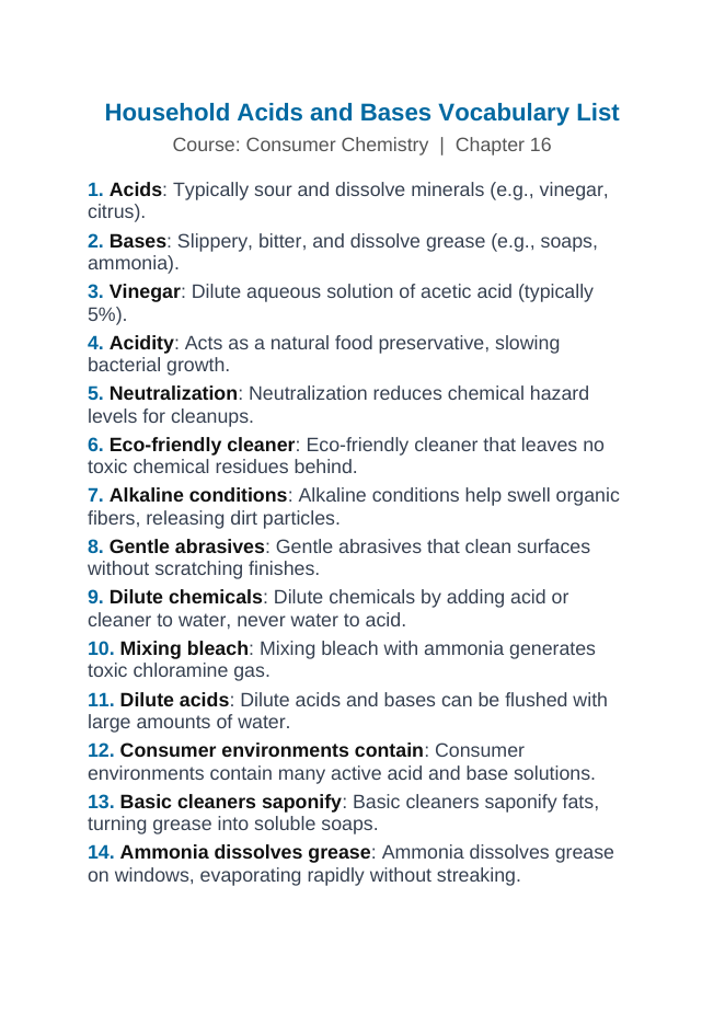 Household Acids & Bases Vocabulary Words & Definitions sample page