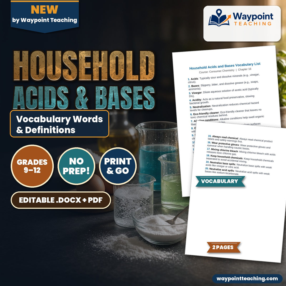 Household Acids & Bases Vocabulary Words & Definitions cover