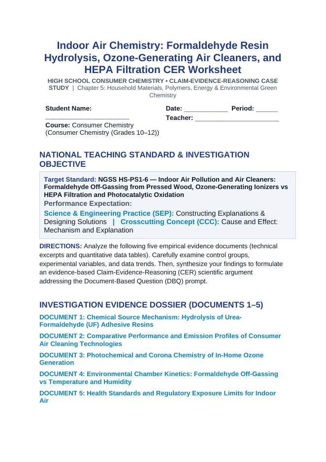 Indoor Air Chemistry: Formaldehyde Resin Hydrolysis, Ozone-Generating Air Cleaners, and HEPA Filtration CER Phenomena Worksheet sample page