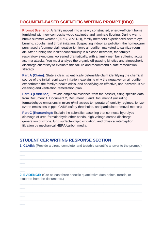 Indoor Air Chemistry: Formaldehyde Resin Hydrolysis, Ozone-Generating Air Cleaners, and HEPA Filtration CER Phenomena Worksheet sample page
