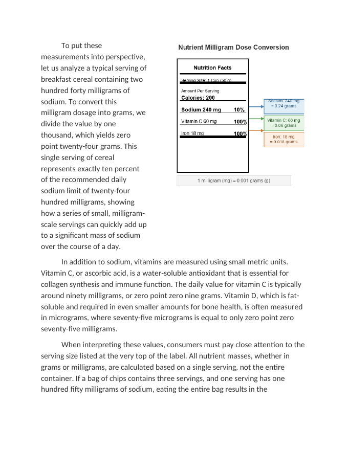 Interpreting Nutritional Labels and Milligram Dosages Reading Worksheet sample page