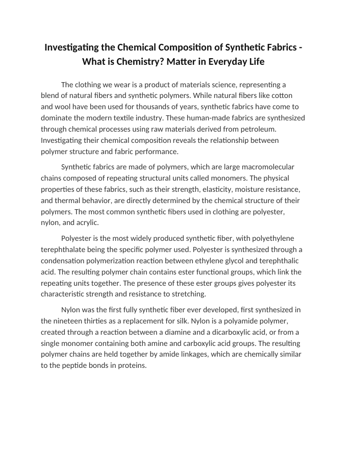 Investigating the Chemical Composition of Synthetic Fabrics Reading Worksheet sample page