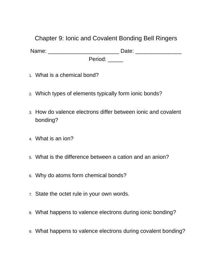 Ionic & Covalent Bonding Bell Ringers & Exit Tickets sample page