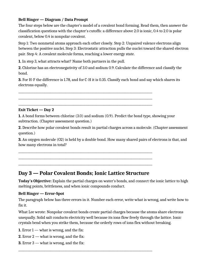 Ionic & Covalent Bonding Bell Ringers & Exit Tickets sample page