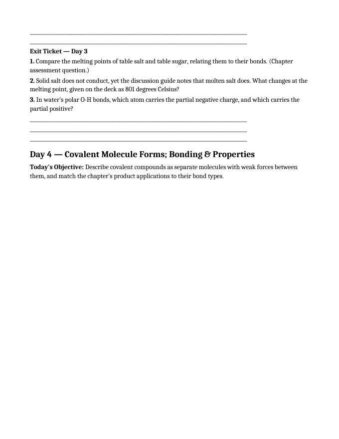 Ionic & Covalent Bonding Bell Ringers & Exit Tickets sample page
