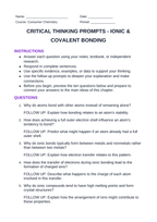 Ionic & Covalent Bonding Critical Thinking Prompts sample page