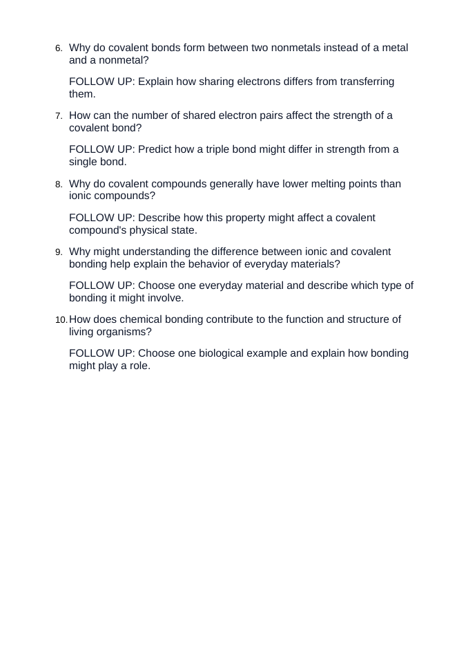 Ionic & Covalent Bonding Critical Thinking Prompts sample page