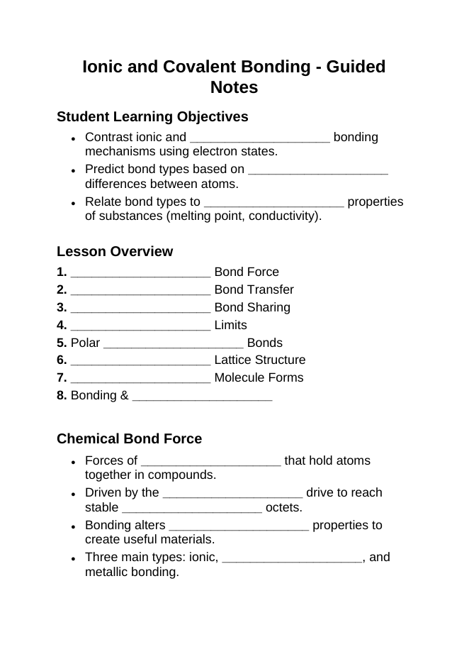 Ionic & Covalent Bonding Guided Notes sample page
