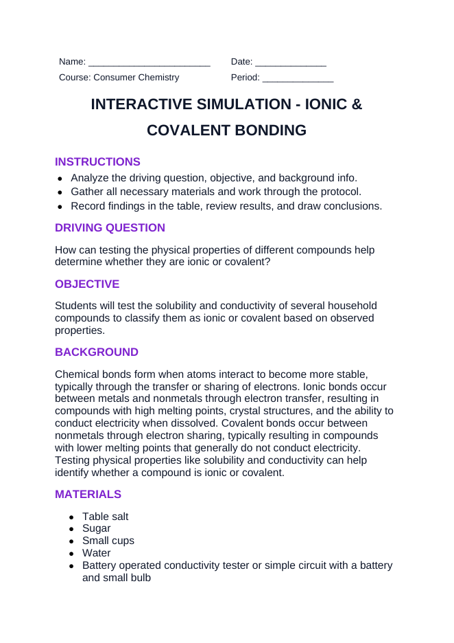 Ionic & Covalent Bonding Interactive Simulation sample page