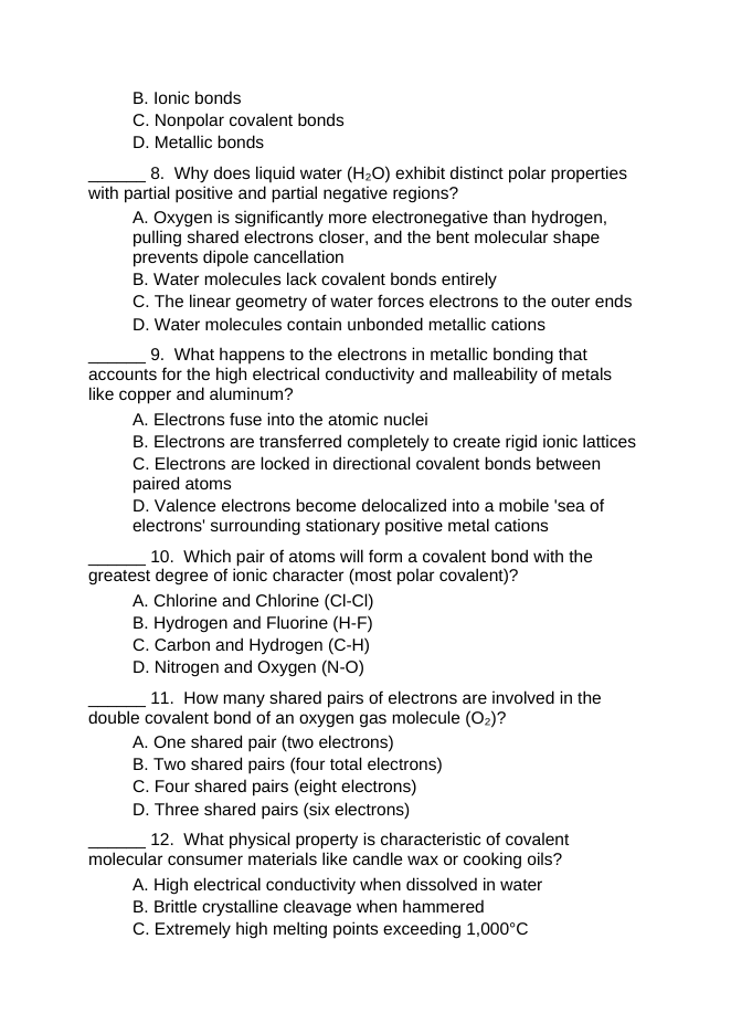 Ionic & Covalent Bonding Lesson Quiz sample page