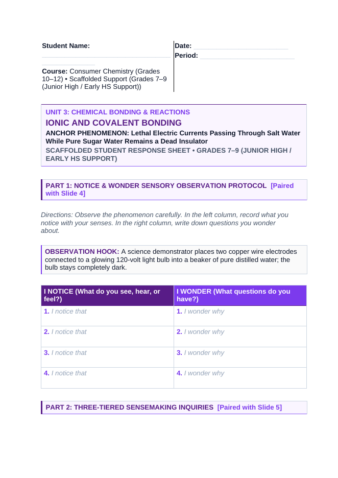 Ionic & Covalent Bonding Scaffolded Phenomena-Based Lesson: Lethal Electric Currents Passing Through Salt Water While Pure Sugar Water Remains a Dead Insulator Student Response Sheet sample page