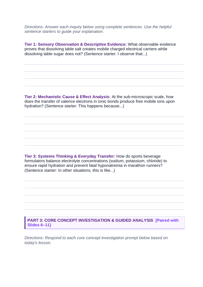 Ionic & Covalent Bonding Scaffolded Phenomena-Based Lesson: Lethal Electric Currents Passing Through Salt Water While Pure Sugar Water Remains a Dead Insulator Student Response Sheet sample page