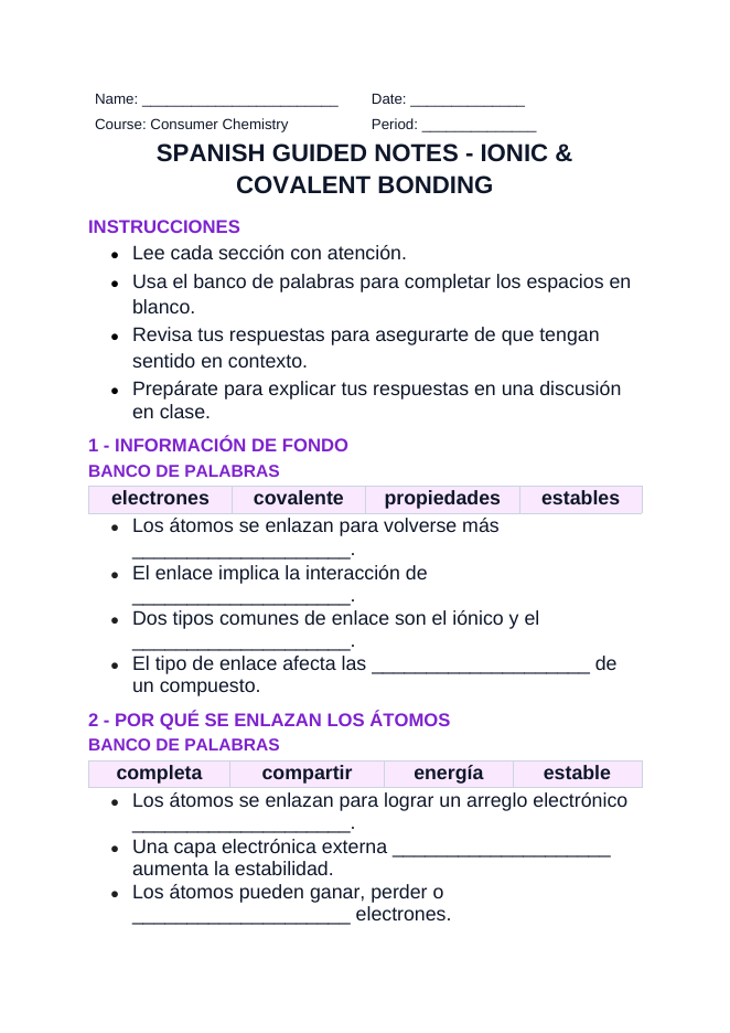 Ionic & Covalent Bonding Spanish Guided Notes sample page