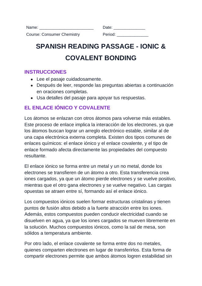 Ionic & Covalent Bonding Spanish Reading Passage & Comprehension Questions sample page