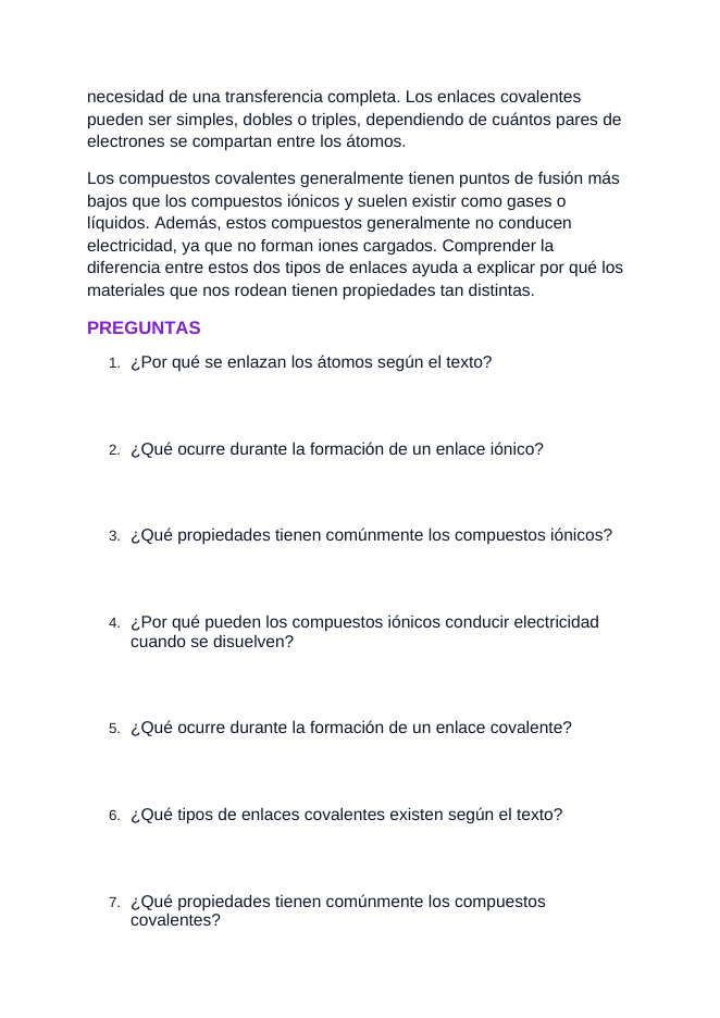 Ionic & Covalent Bonding Spanish Reading Passage & Comprehension Questions sample page