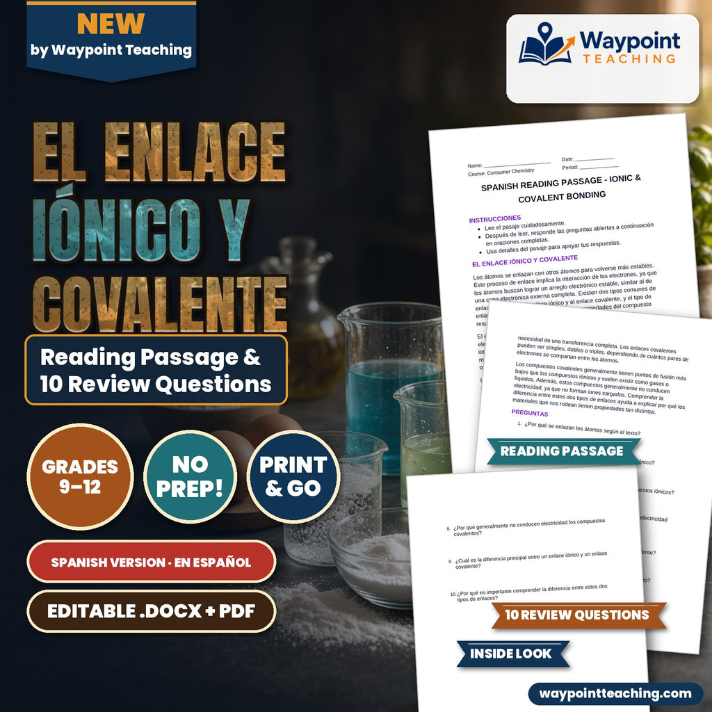 Ionic & Covalent Bonding Spanish Reading Passage & Comprehension Questions cover