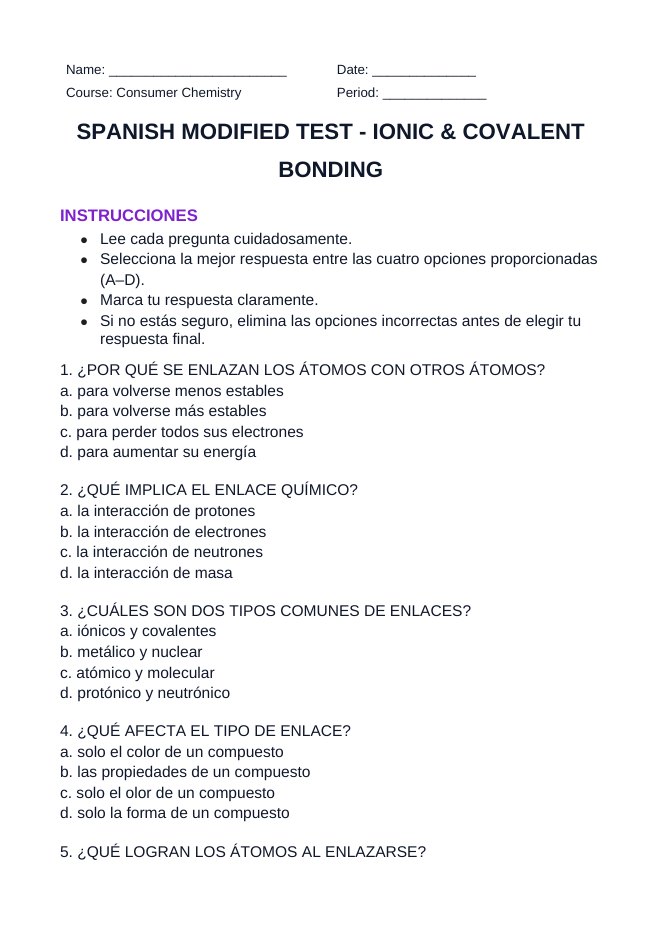Ionic & Covalent Bonding Spanish Unit Test sample page