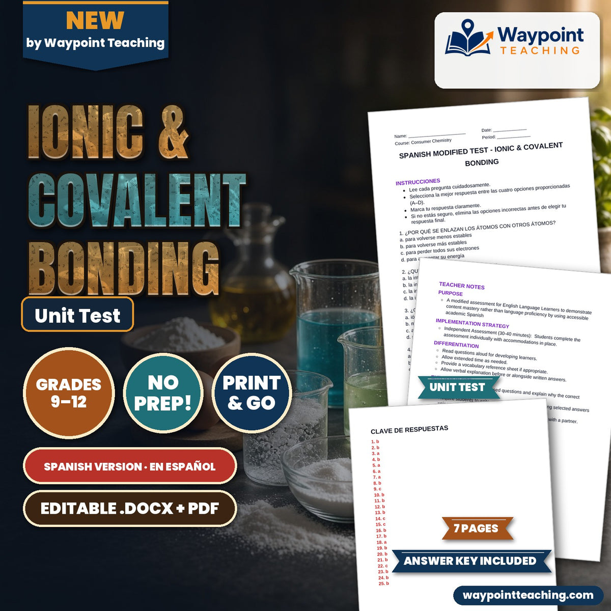 Ionic & Covalent Bonding Spanish Unit Test cover