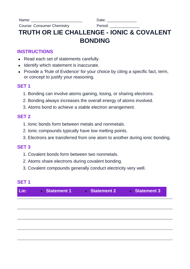 Ionic & Covalent Bonding Truth or Lie Challenge sample page