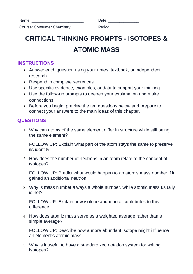 Isotopes & Atomic Mass Critical Thinking Prompts sample page