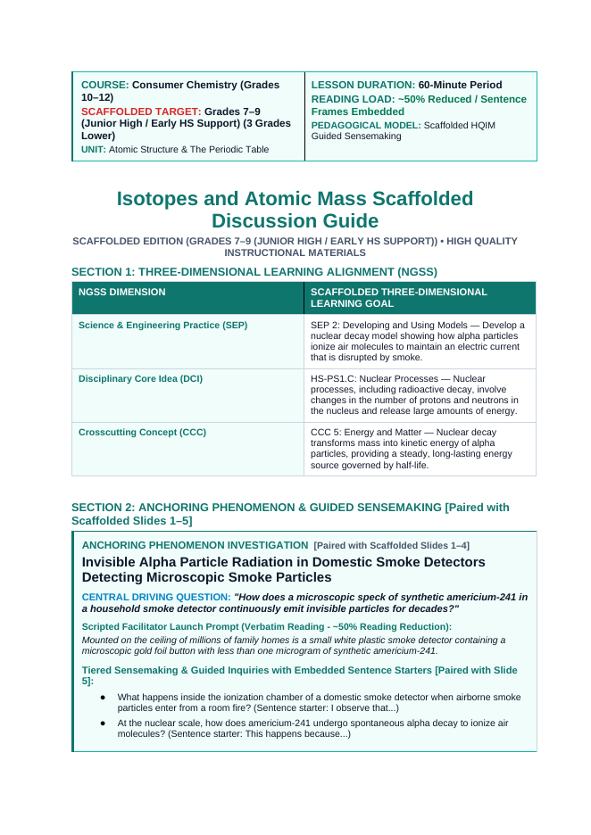 Isotopes & Atomic Mass Scaffolded Phenomena-Based Lesson: Invisible Alpha Particle Radiation in Domestic Smoke Detectors Detecting Microscopic Smoke Particles Teacher Discussion Guide sample page