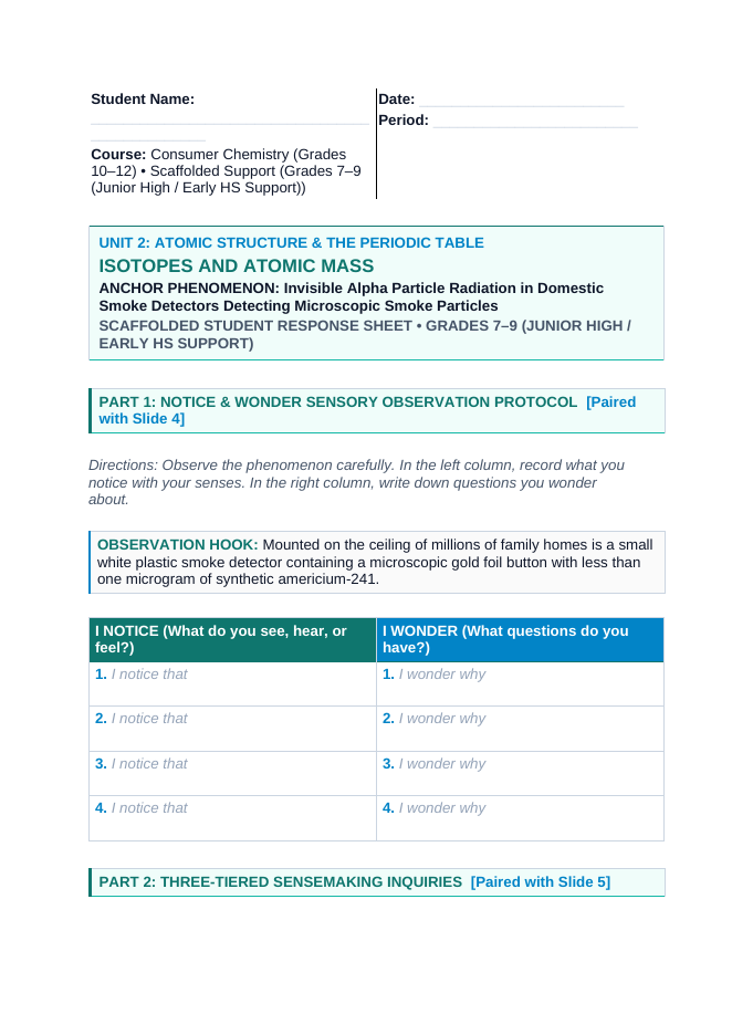 Isotopes & Atomic Mass Scaffolded Phenomena-Based Lesson: Invisible Alpha Particle Radiation in Domestic Smoke Detectors Detecting Microscopic Smoke Particles Student Response Sheet sample page