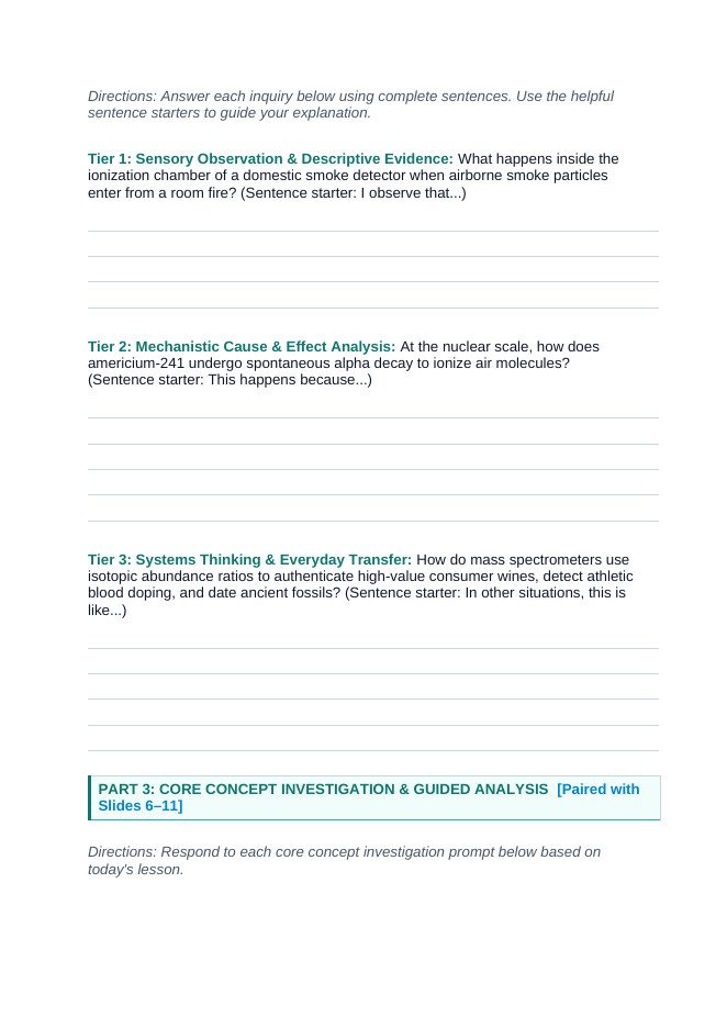 Isotopes & Atomic Mass Scaffolded Phenomena-Based Lesson: Invisible Alpha Particle Radiation in Domestic Smoke Detectors Detecting Microscopic Smoke Particles Student Response Sheet sample page