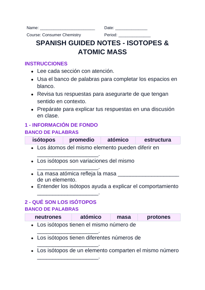 Isotopes & Atomic Mass Spanish Guided Notes sample page